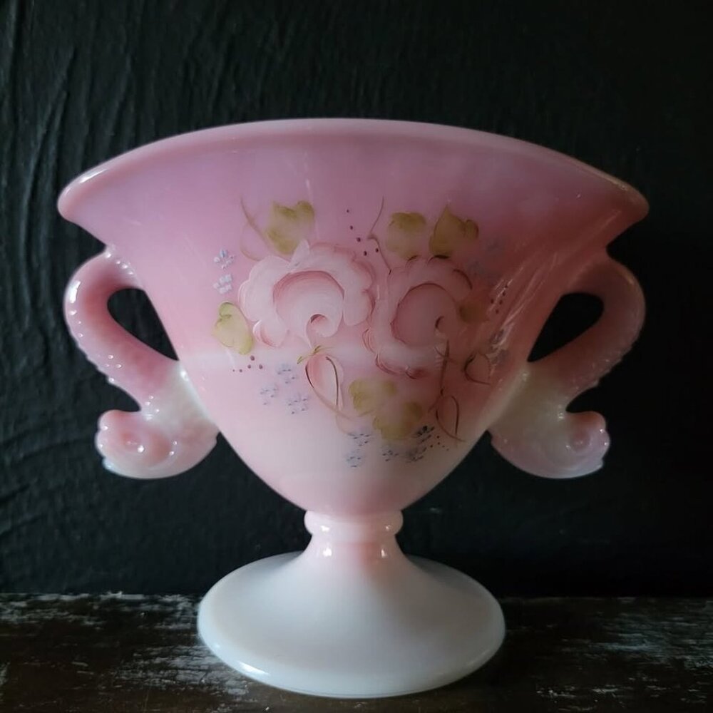 Fenton Rosalene Roses Floral Dolphin Handles Fan Vase Signed w Original Sticker